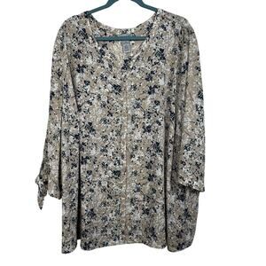 Catherines Button Down Cafe Blouse Women 3/4 Sleeve Size 4X Tan Aqua Floral Top